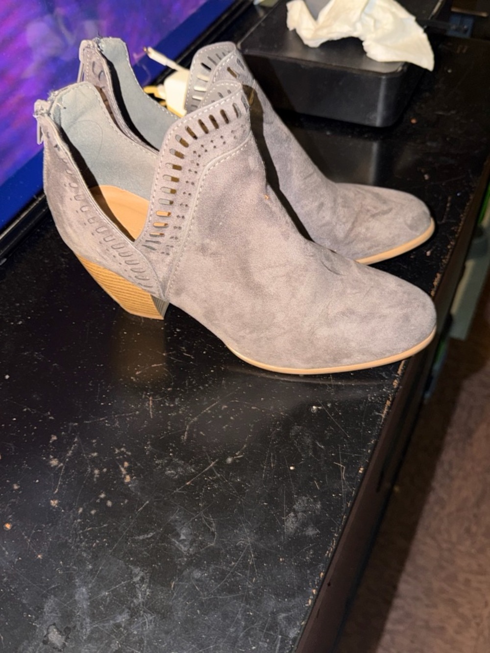 Gray Suede Ankle Booties with Cutout Detail